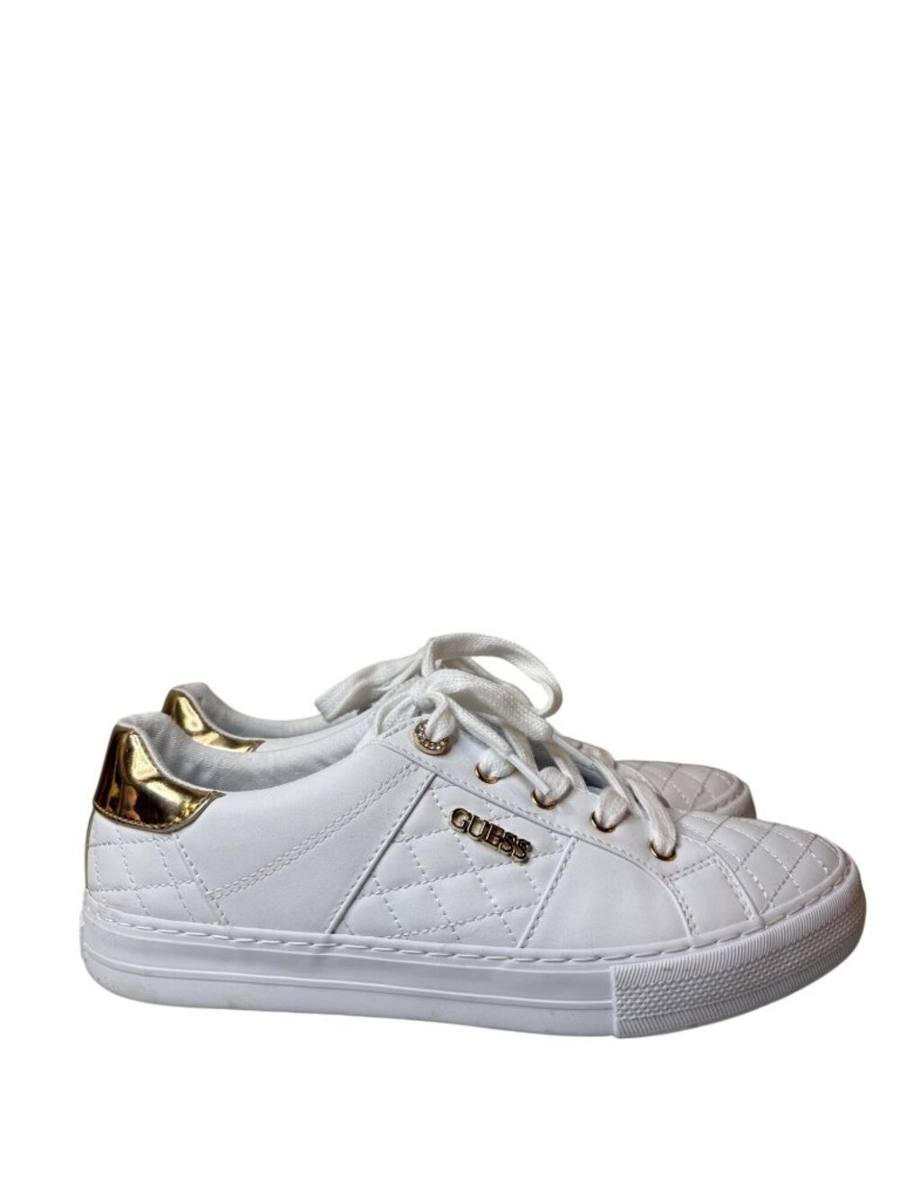 Guess Loven Sneakers Womens 9.5 White Gold Logo Lace Up Low Top Casual Shoes